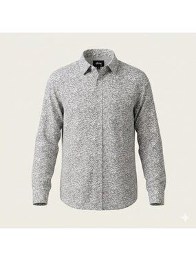 Stussy Flannel Shirt Mens M Gray Cream LS Cotton Splatter AOP Edgy Streetwear